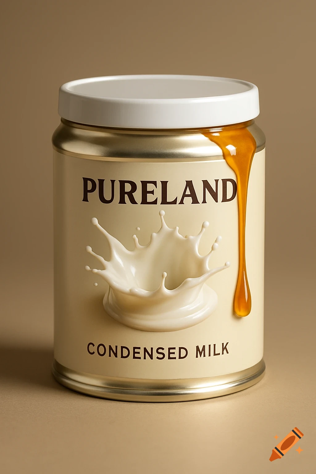 Photorealistic cream-colored can of PURELAND condensed milk with a white lid, featuring a milk splash and honey drip on the label.