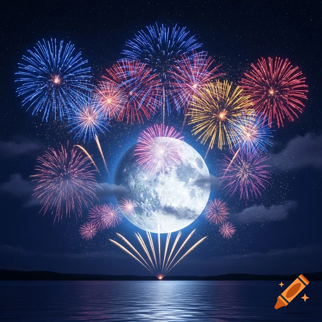 Colorful fireworks explode around a large, bright full moon over a calm lake at night, reflecting the light.