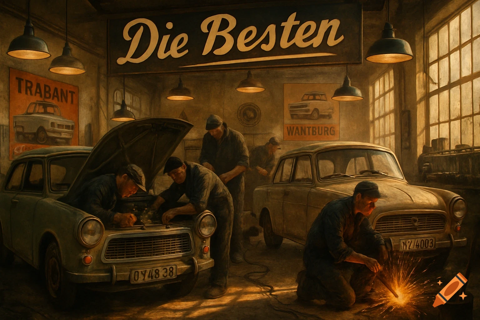 Vintage-style painting of mechanics working on old cars in a dimly lit garage, with a sign reading 'Die Besten' and posters for 'TRABANT' and 'WANTBURG' cars.