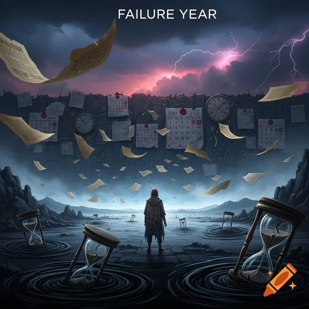 A lone figure faces a dark, stormy landscape with lightning, broken hourglasses in water, a wall of calendars, and floating papers under the text 'FAILURE YEAR'.