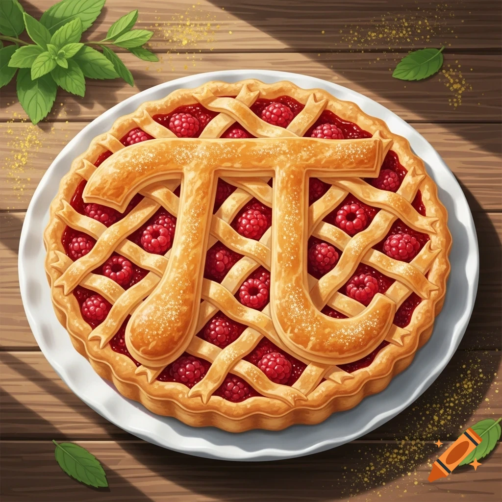 A beautifully baked raspberry pie shaped like the Greek letter Pi, resting on a white plate on a wooden table.