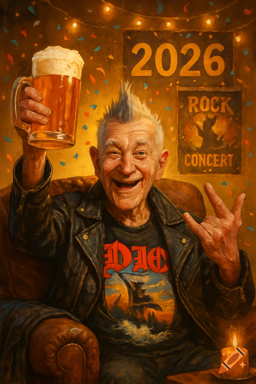 An old man with a mohawk, leather jacket, and band t-shirt, smiling and holding up a beer mug, with a "2026" poster and "Rock Concert" poster in the background.