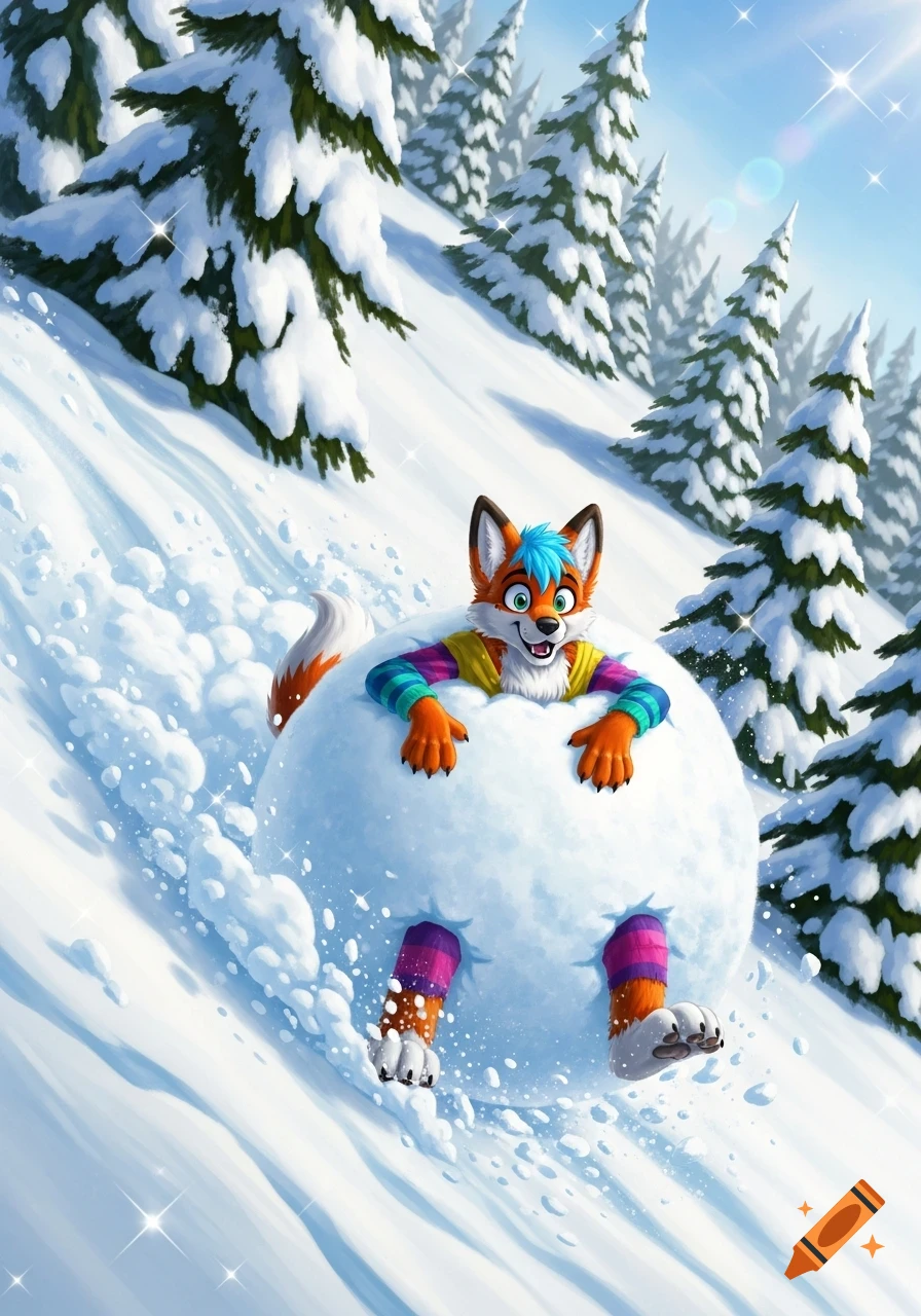 A vibrant cartoon illustration of a happy, colorful anthro fox rolling down a snowy hill inside a giant snowball.