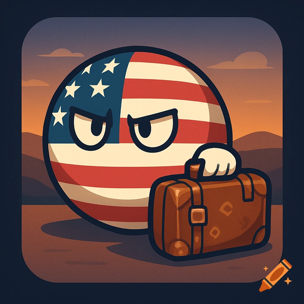 A stylized cartoon 'Countryball' representing the USA with an angry expression, holding a brown briefcase against a sunset landscape.