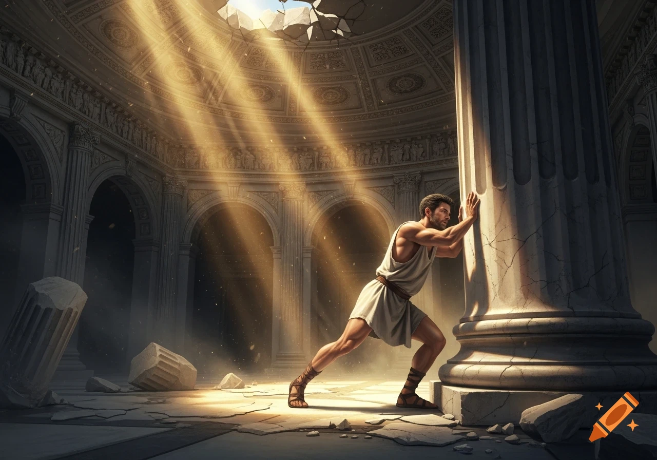 A man in ancient robes strains to push an ornate, crumbling pillar upright in a ruined classical temple bathed in golden light.