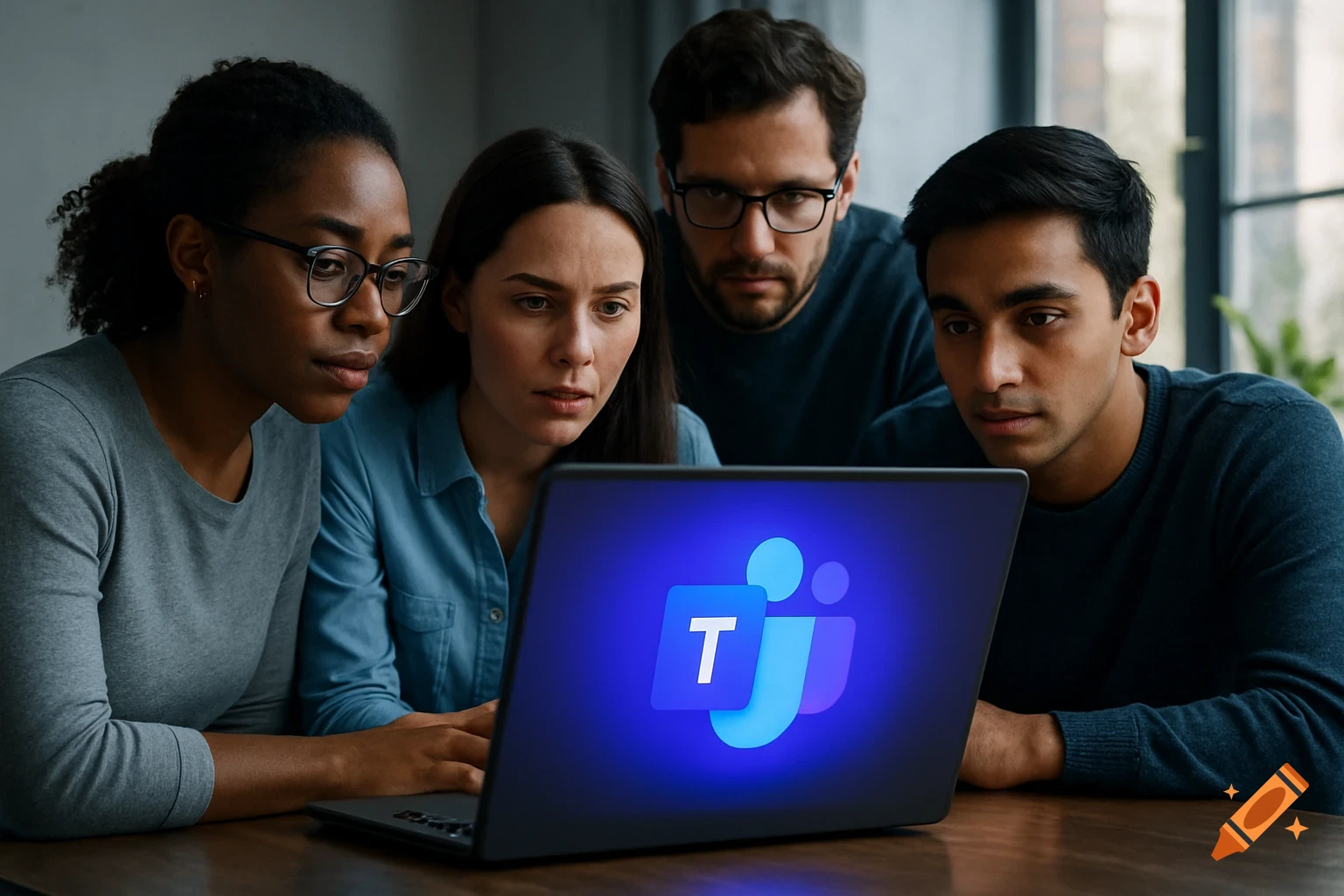 Four diverse colleagues intently observe a laptop displaying the Microsoft Teams logo in an office setting.