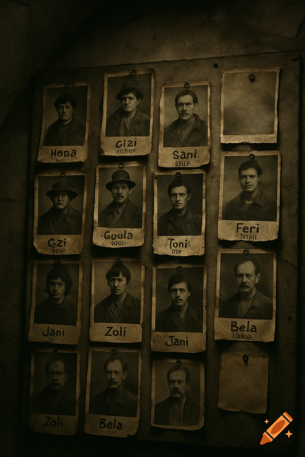 A wall covered with old, sepia-toned photographs of men, unevenly pinned with handwritten names and numbers below, in dim light.