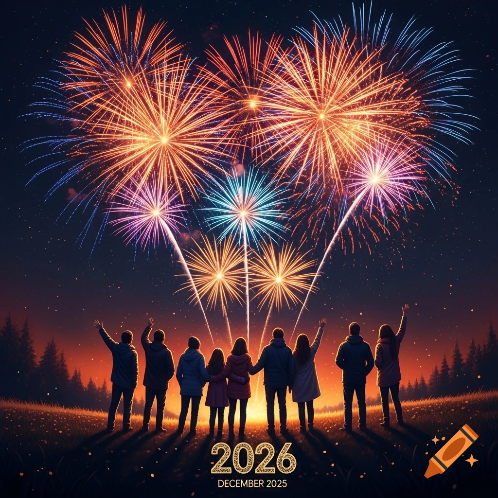 Silhouettes of people watching a vibrant fireworks display over a field at night, with text '2026 December 2025'.