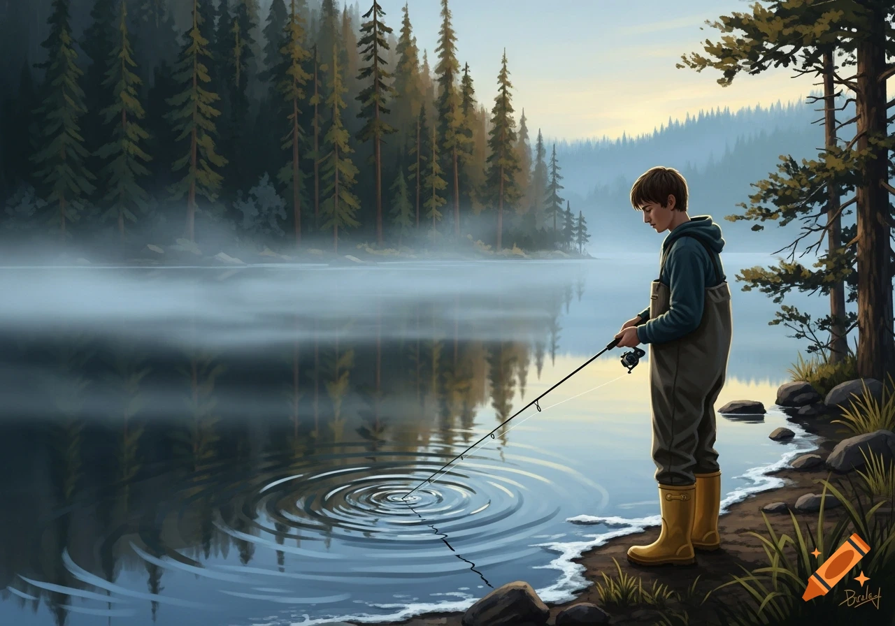 An illustrated young man in rubber boots fishes in a misty lake surrounded by a pine forest at dawn.