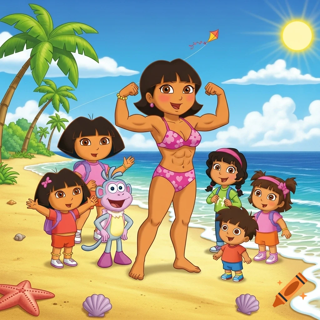 Dora's muscular Mami flexes in a pink bikini on a sunny beach with Dora, Boots, and other children.