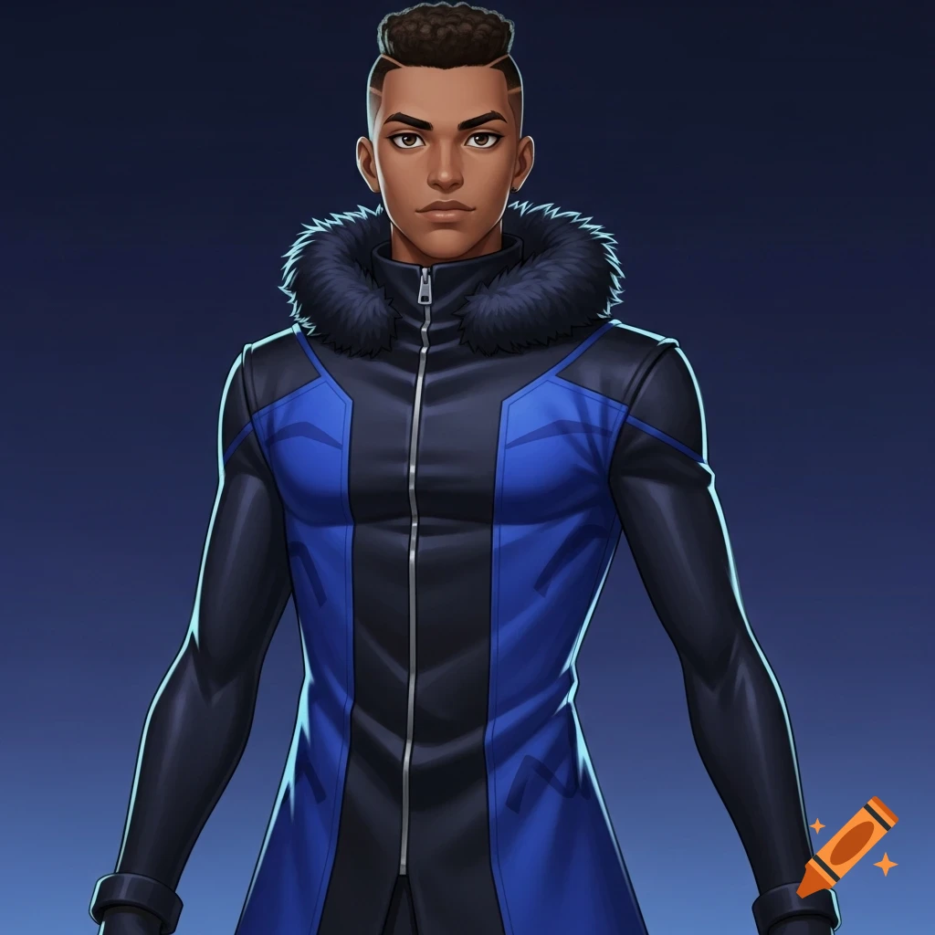 Anime-style character with brown skin and a small afro, wearing a sleek black and blue coat with a fur-trimmed collar.