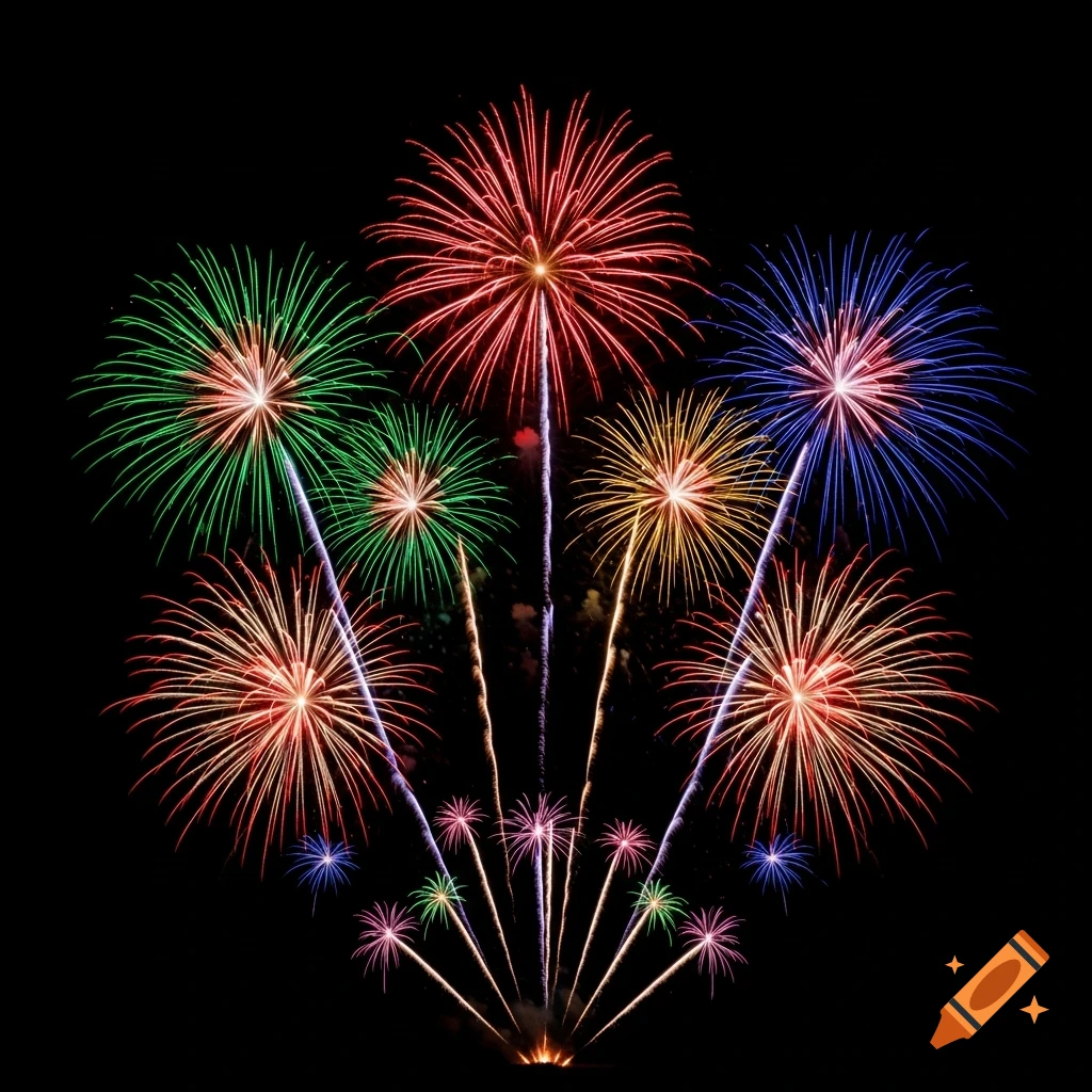 Colorful fireworks explode in red, green, blue, and yellow against a dark night sky.