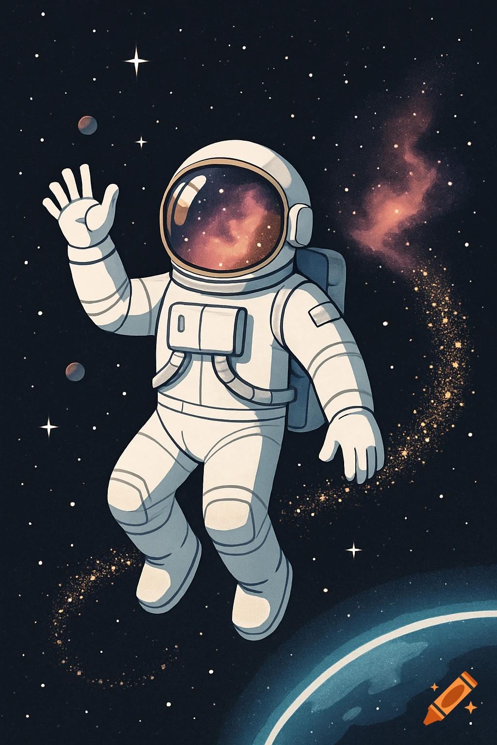 A cartoon astronaut in a white suit waves, floating in space with stars, a nebula, and a planet below.