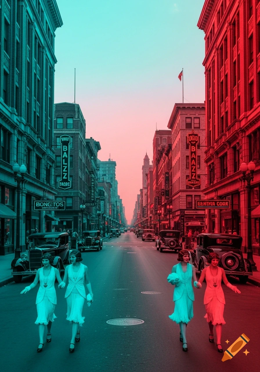 A busy 1920s city street with classic cars and two women walking, rendered in a striking cyan and red duotone style.