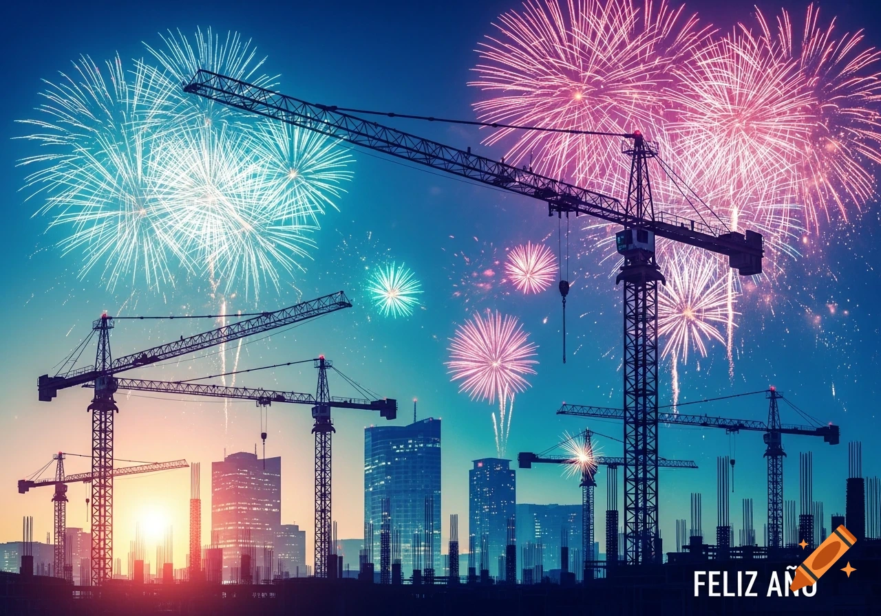 Nighttime cityscape with construction cranes silhouetted against a vibrant sky filled with pink, blue, and green fireworks and text "FELIZ A G O".