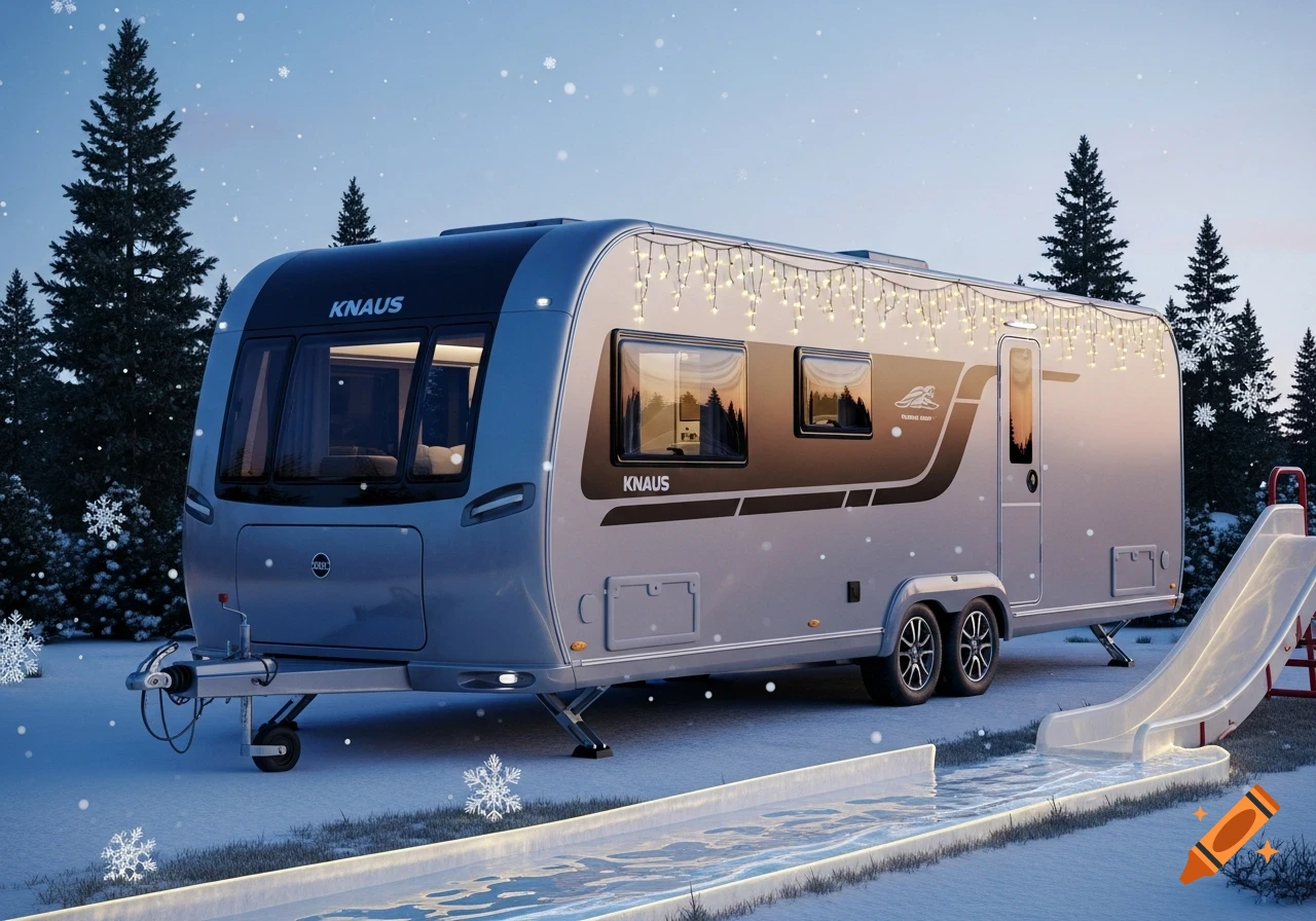 A modern grey and black Knaus caravan decorated with string lights, parked in a snowy landscape with pine trees and a small ice slide.