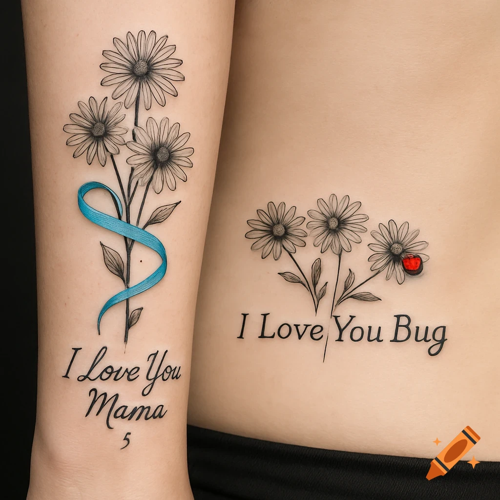 Two tattoos: one on an arm with daisies, a blue ribbon and "I Love You Mama", another on ribs with daisies, a ladybug, and "I Love You Bug".
