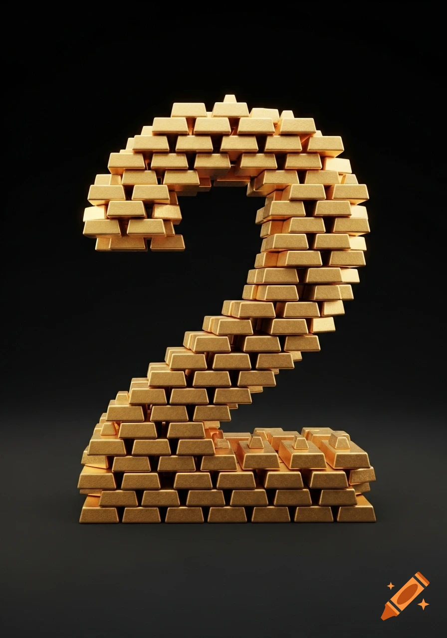 A number 2 formed by neatly stacked gold ingots against a dark background, rendered in 3D.