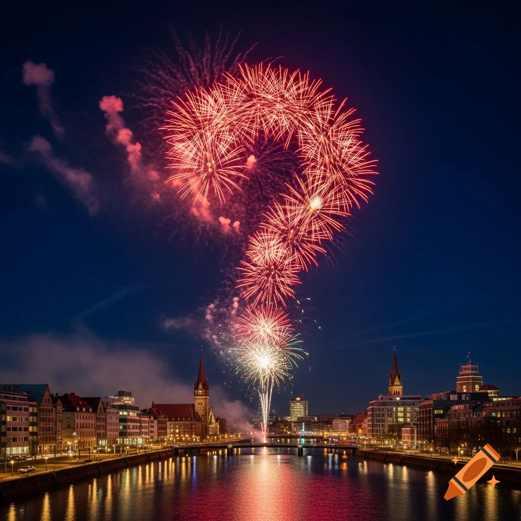 A city skyline at night, with a river reflecting the illuminated buildings and a large red firework display forming a question mark in the dark sky.