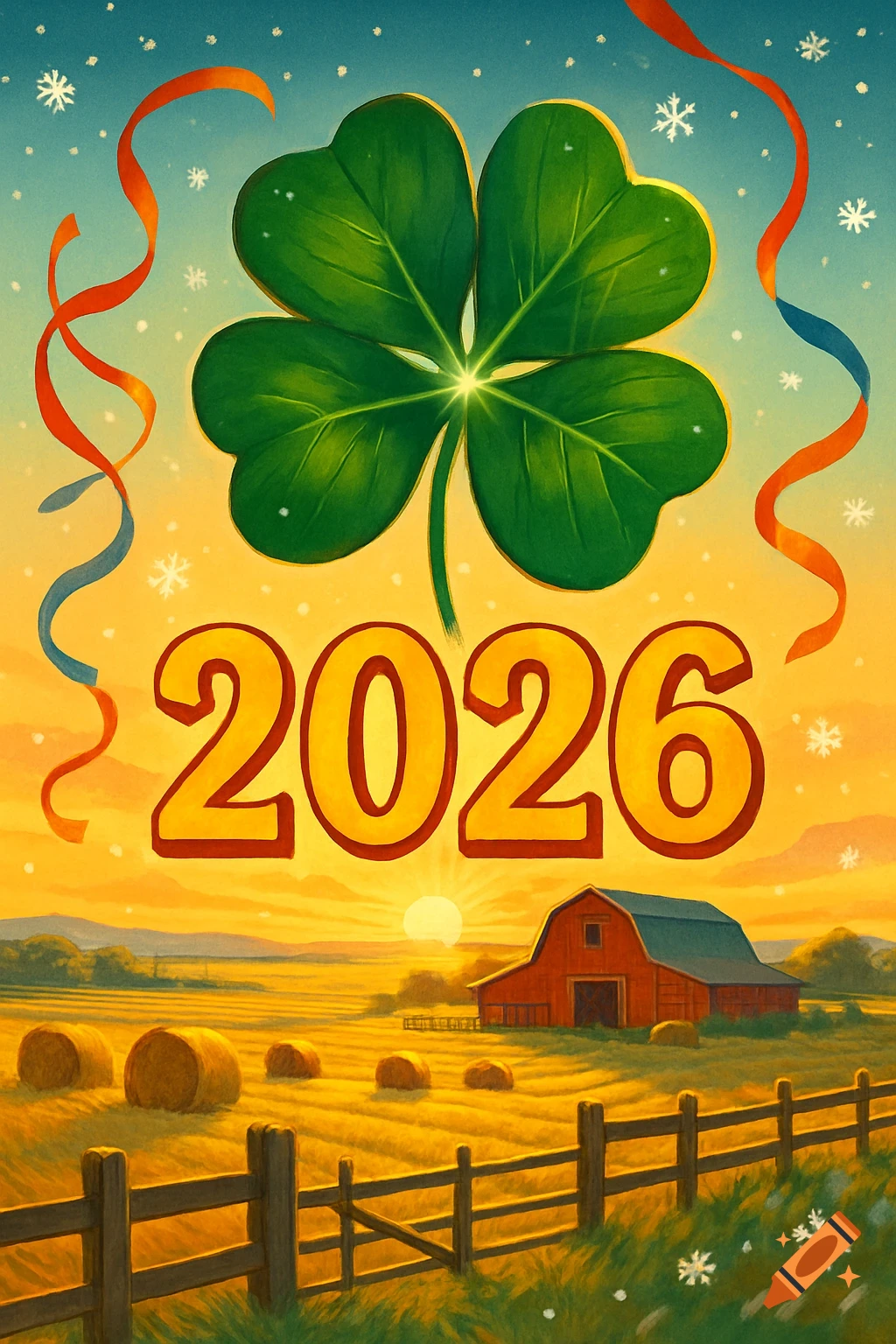 Vibrant illustration of a four-leaf clover and 2026 above a golden farm scene with a barn, hay bales, fence, snowflakes, and ribbons.