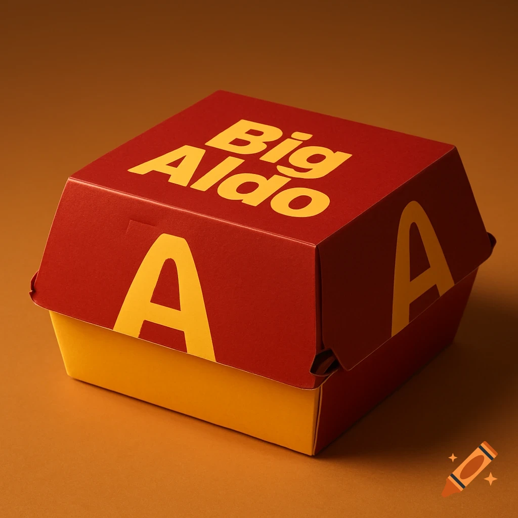 A red and yellow cardboard box, resembling a McDonald's burger container, with 'Big Aldo' printed on top and large 'A's on the sides, on a brown background.
