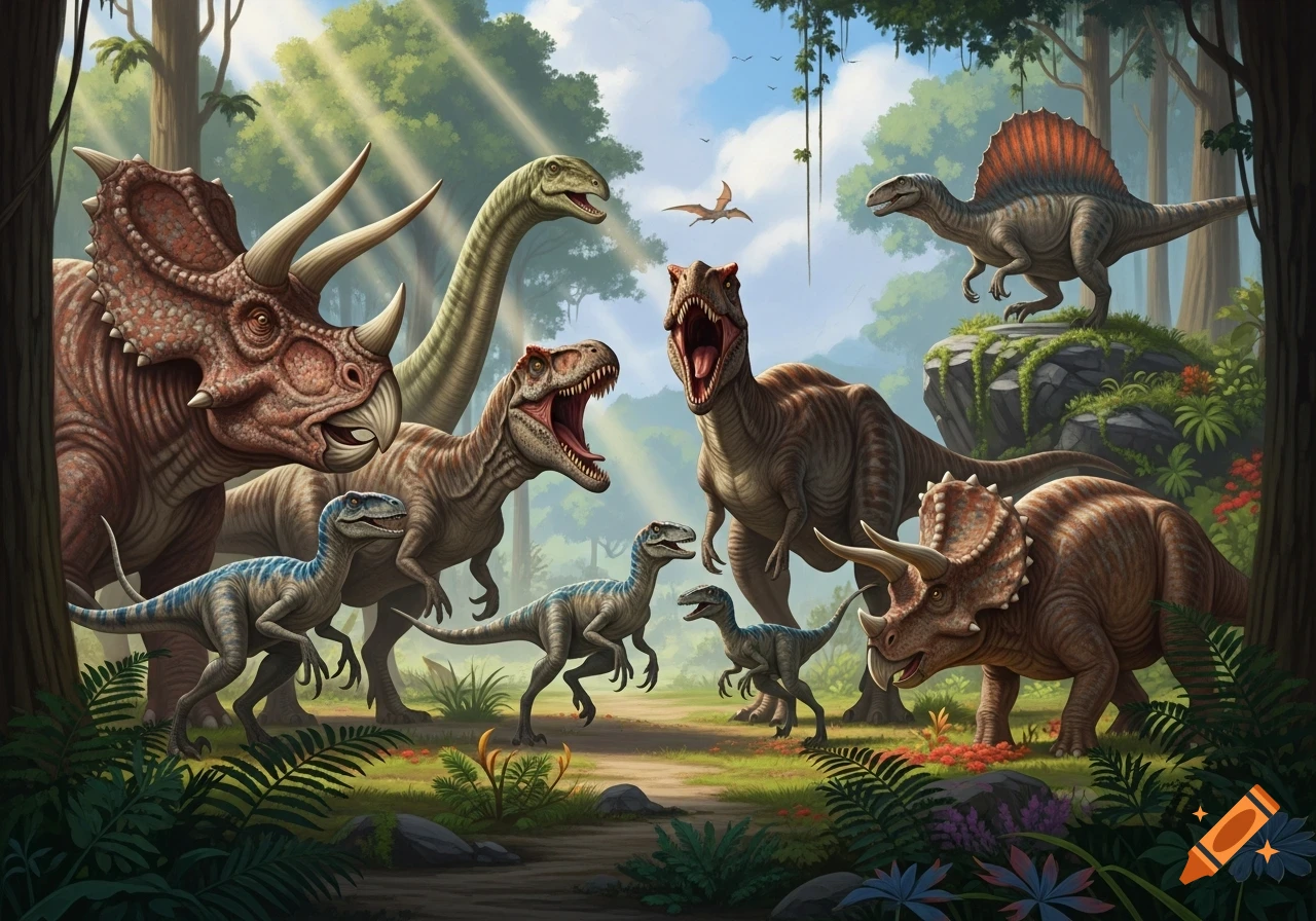 A vibrant illustration of various dinosaurs like T-Rex, Triceratops, and Velociraptors gathered in a lush, sunlit prehistoric jungle.