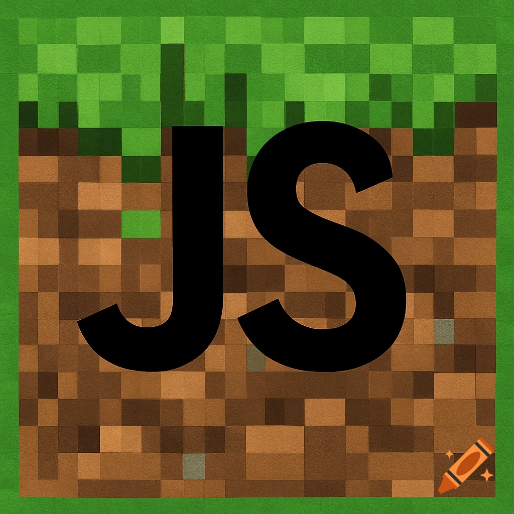 Black 'JS' logo over a pixelated Minecraft grass block background, 2D style.