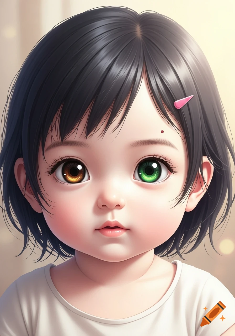 Close-up of an anime-style baby with heterochromia (brown right eye, green left eye), black hair, and a birthmark on her temple.
