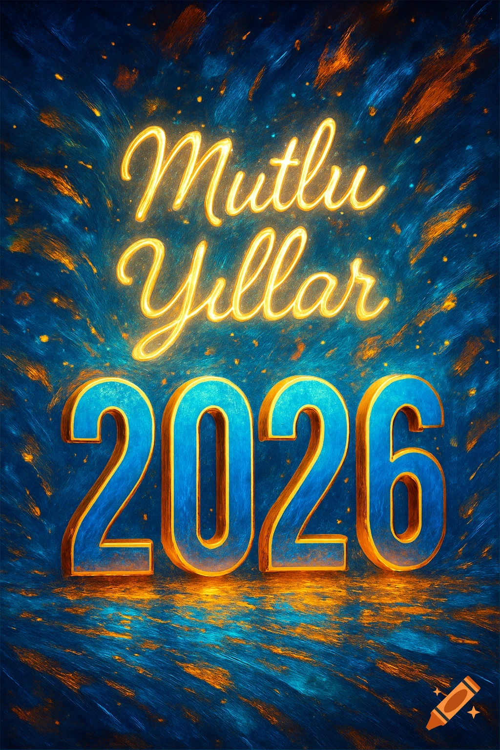 Glowing "Mutlu Yillar" in script above large blue and gold "2026" numbers against an exploding blue and orange background.