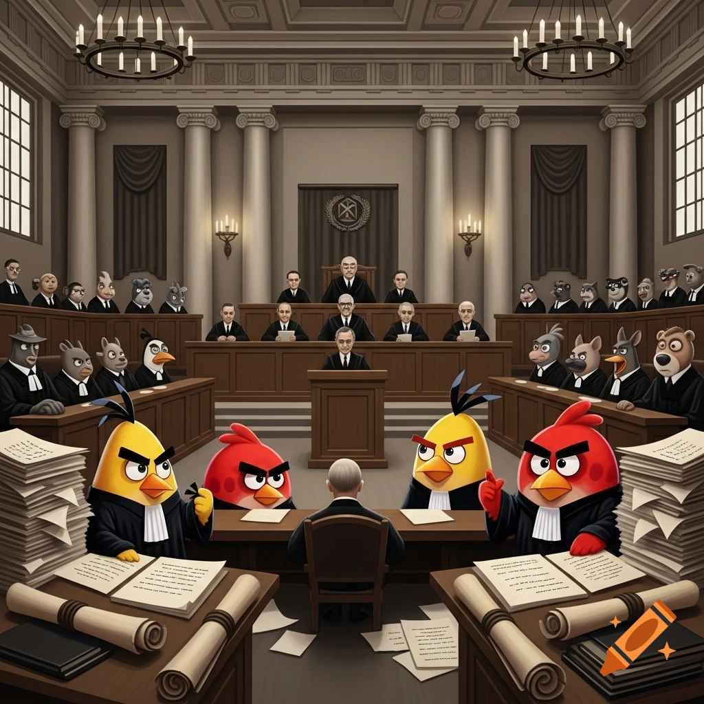 Angry Birds characters in a courtroom scene, dressed in legal robes, with human and animal judges and jury members in the background. The scene features stacks of legal documents and an overall illustrative style.