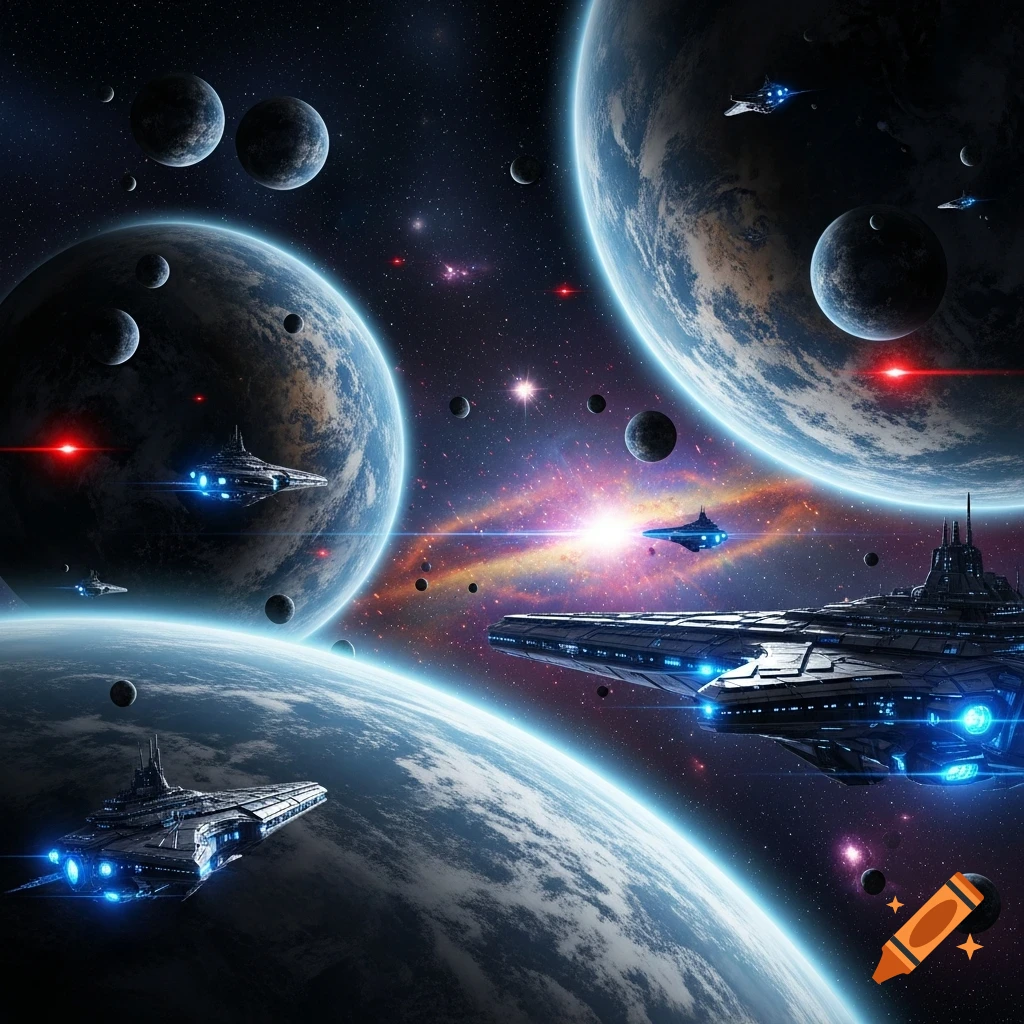 Detailed sci-fi scene with multiple planets, moons, and sleek spaceships flying through a vibrant nebula with neon blue highlights and red accents.