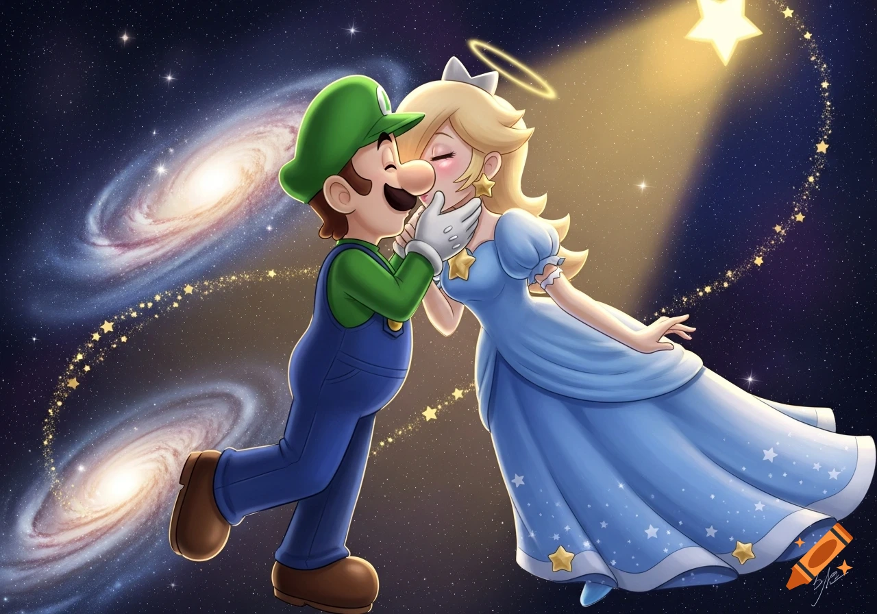 Luigi and Rosalina kissing in space, surrounded by galaxies and stars, in a cartoon style.