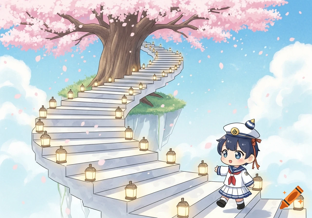 A cute anime chibi character in a sailor uniform walks up a spiral staircase on a floating island under a pink cherry blossom tree.