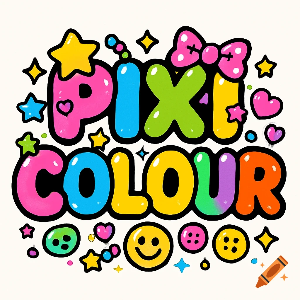 Colorful bubble letter logo for 'Pixi Colour' in a cute Japanese decora style with stars, hearts, bows, and a smiley face.