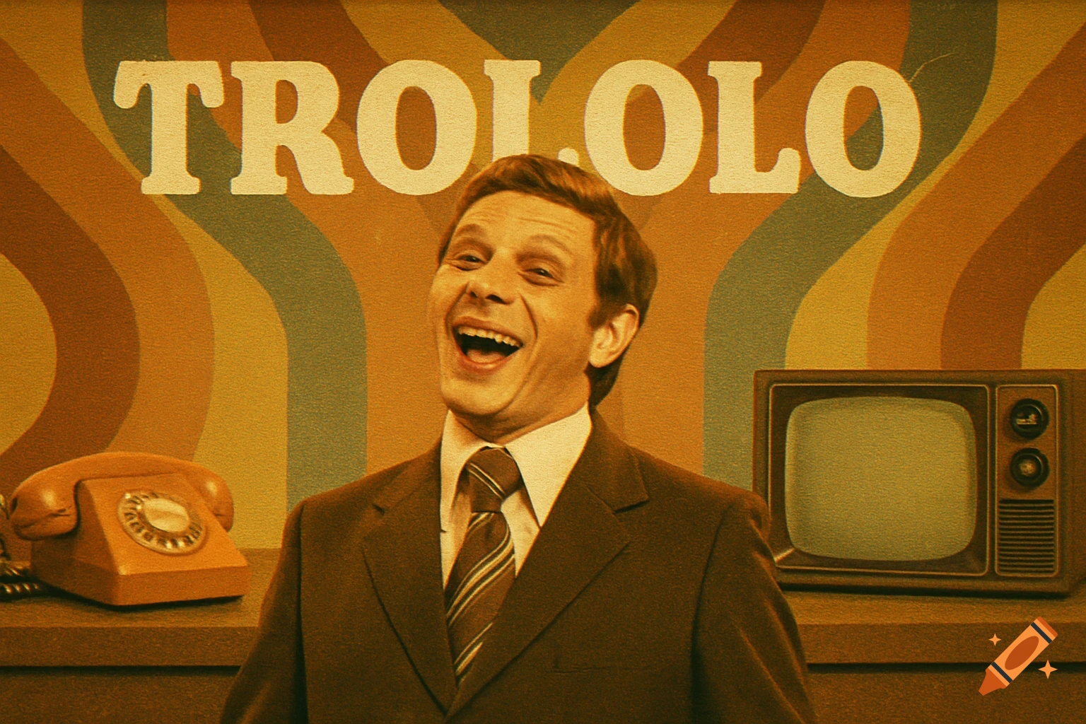 A man laughs in a retro 70s setting with a phone and TV, against a wavy background with 'TROLOLOLO' text.
