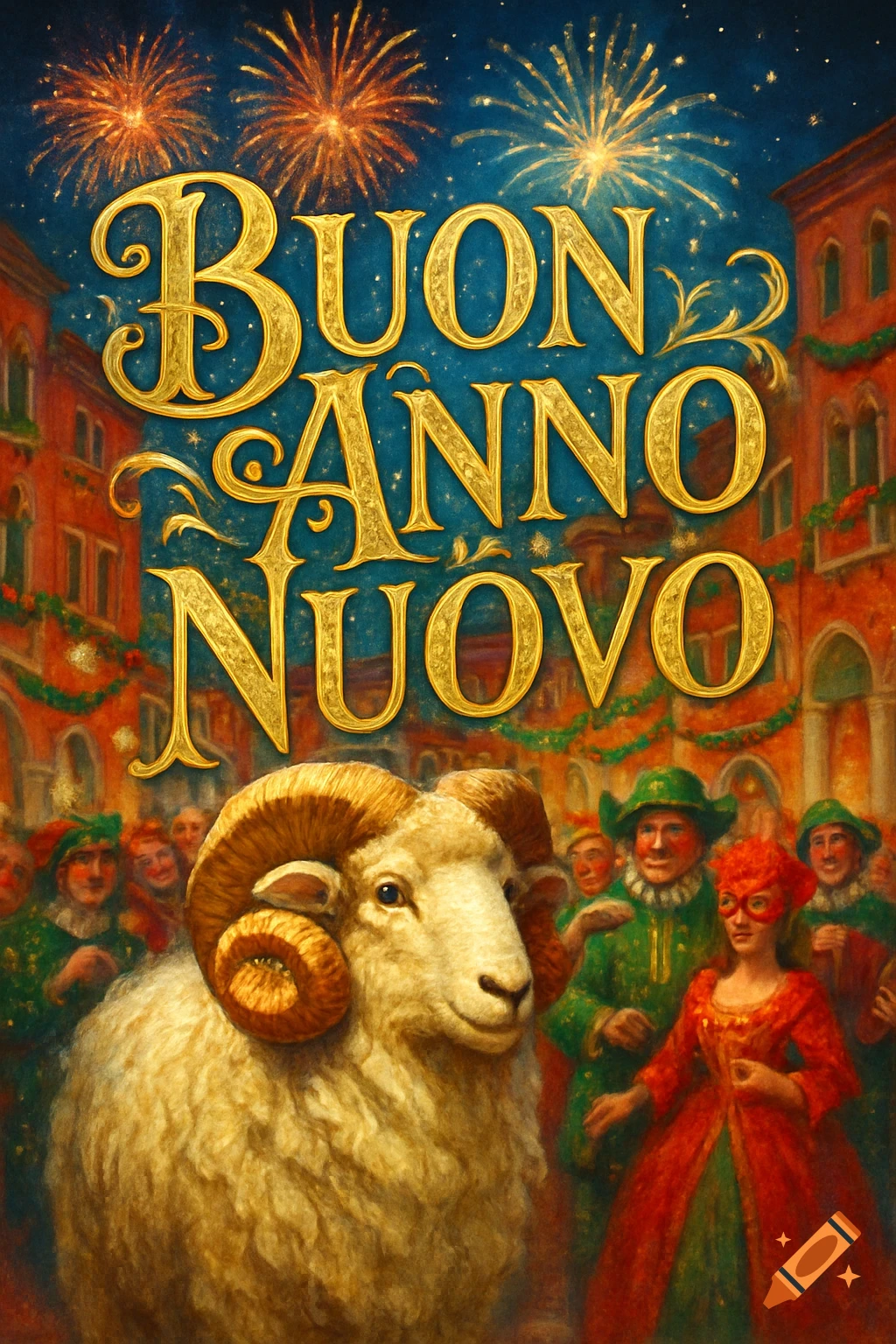 A painterly scene of a ram in a festive Venetian street with masked people, fireworks, and 'BUON ANNO NUOVO' text.