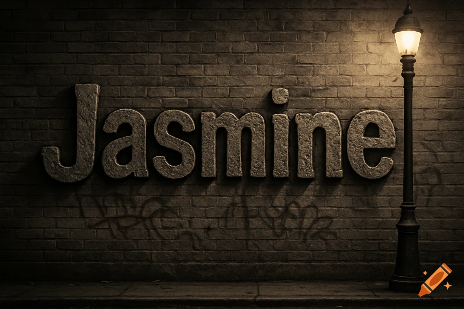 The name "Jasmine" rendered in textured stone letters on a dark brick wall, illuminated by a glowing street lamp.