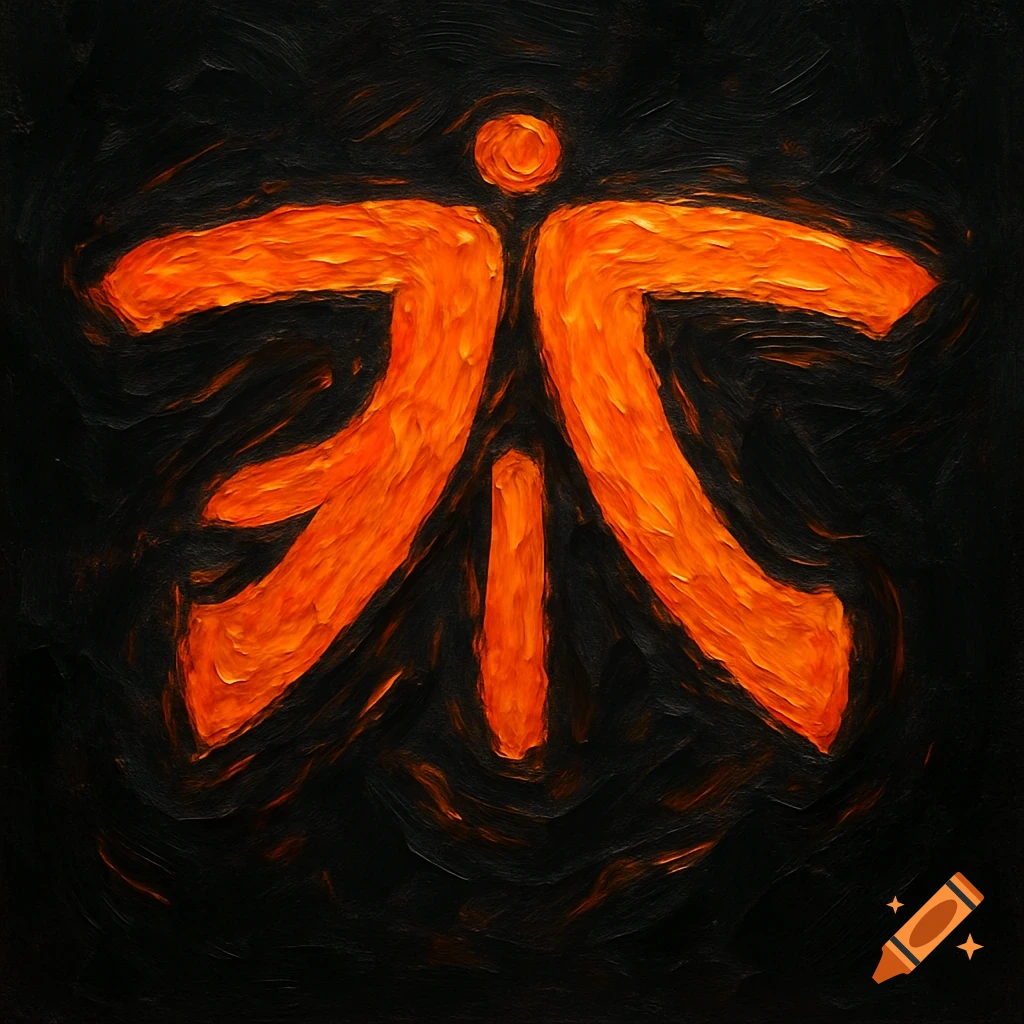 A messy oil painting of the orange Fnatic logo on a black background.