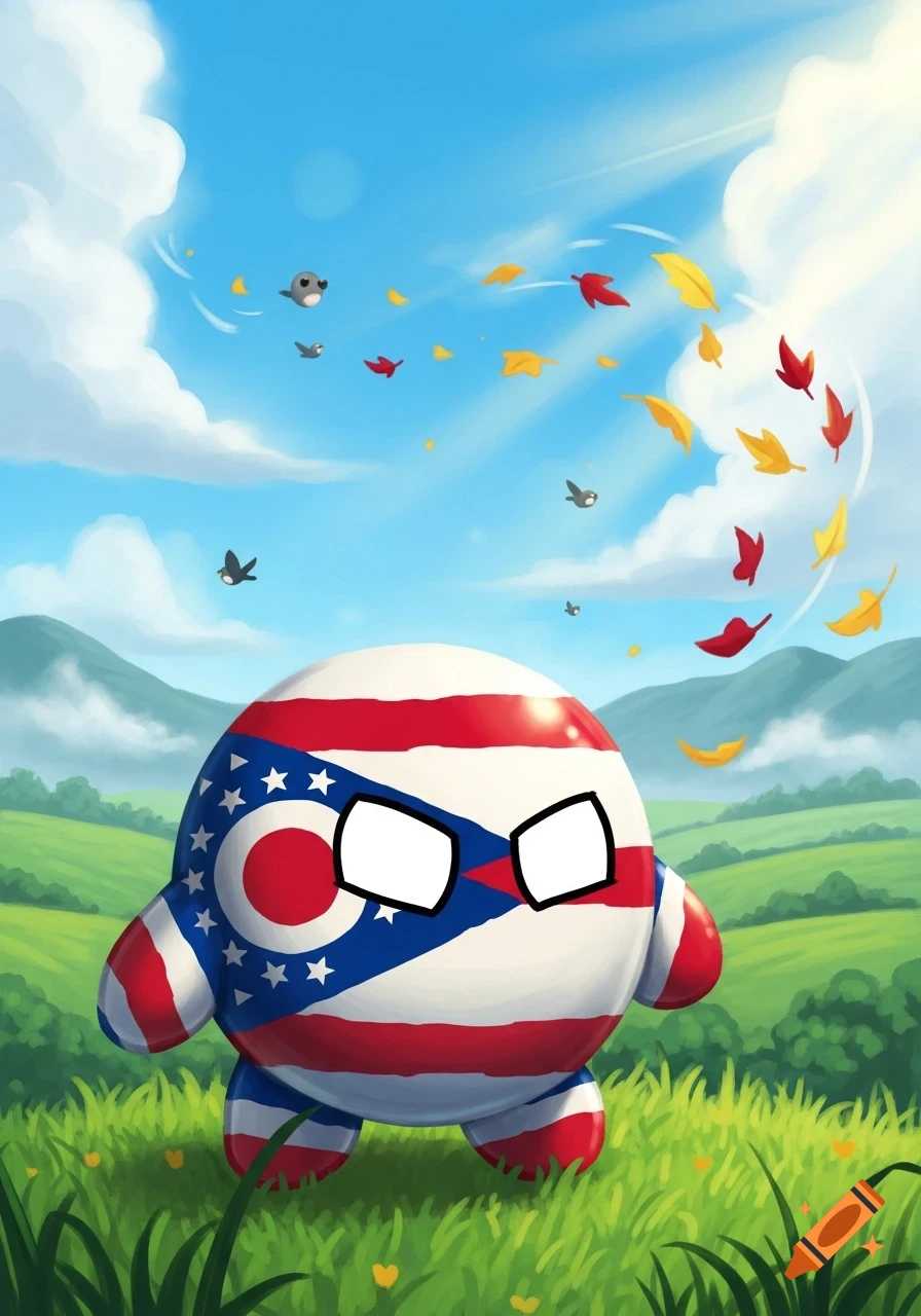 A cartoon Ohio state flag character with white rectangular eyes stands in a vibrant green field under a blue sky with flying leaves and birds.