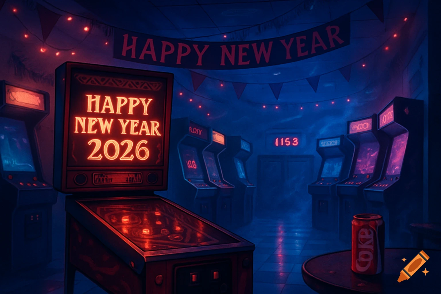 A retro-futuristic arcade room with red and blue neon lights, featuring a pinball machine displaying "HAPPY NEW YEAR 2026" and a soda can on a table.