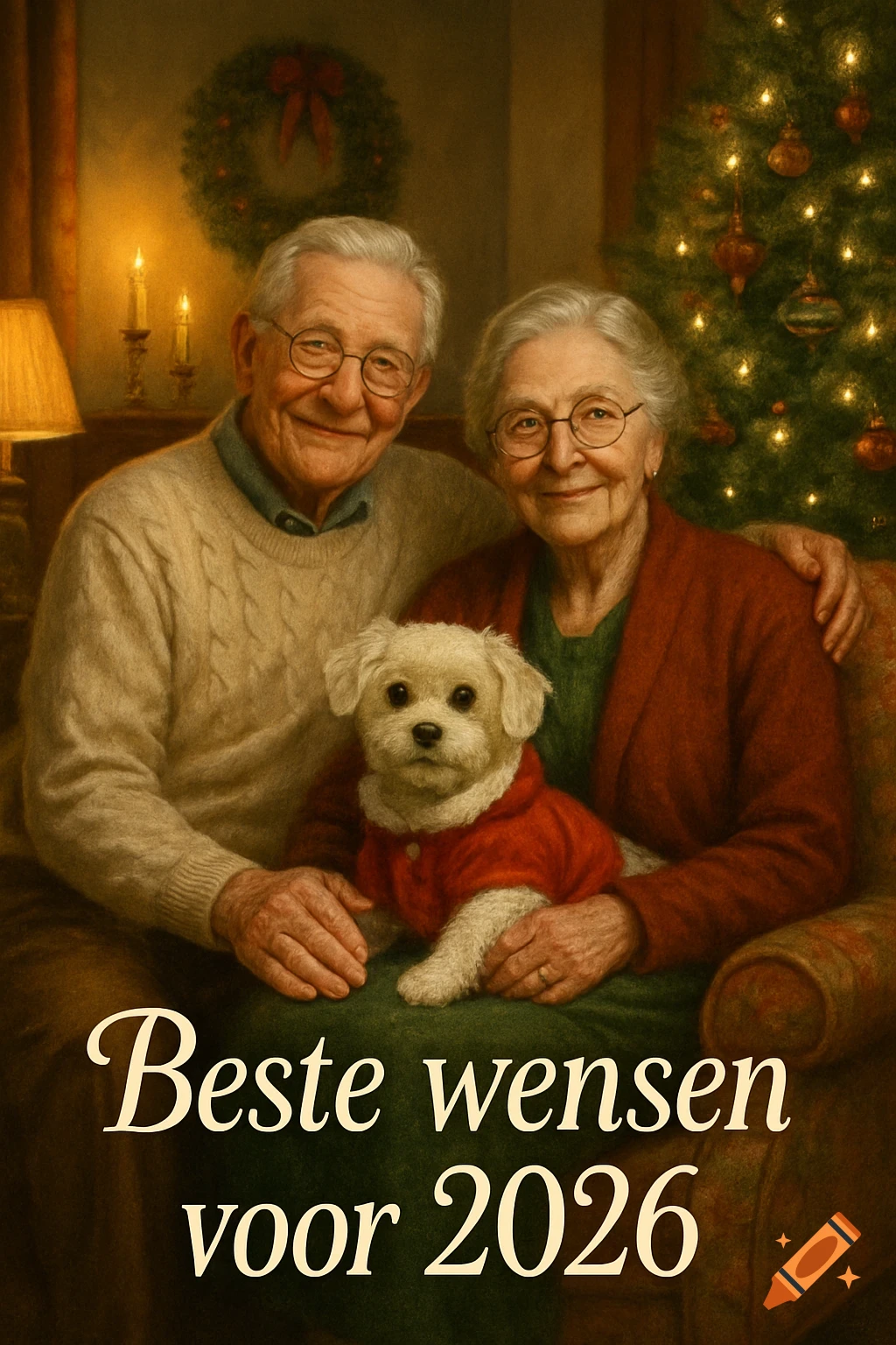 Photorealistic illustration of an elderly couple with a white dog in a red suit, sitting in a cozy Christmas setting with text "Beste wensen voor 2026".