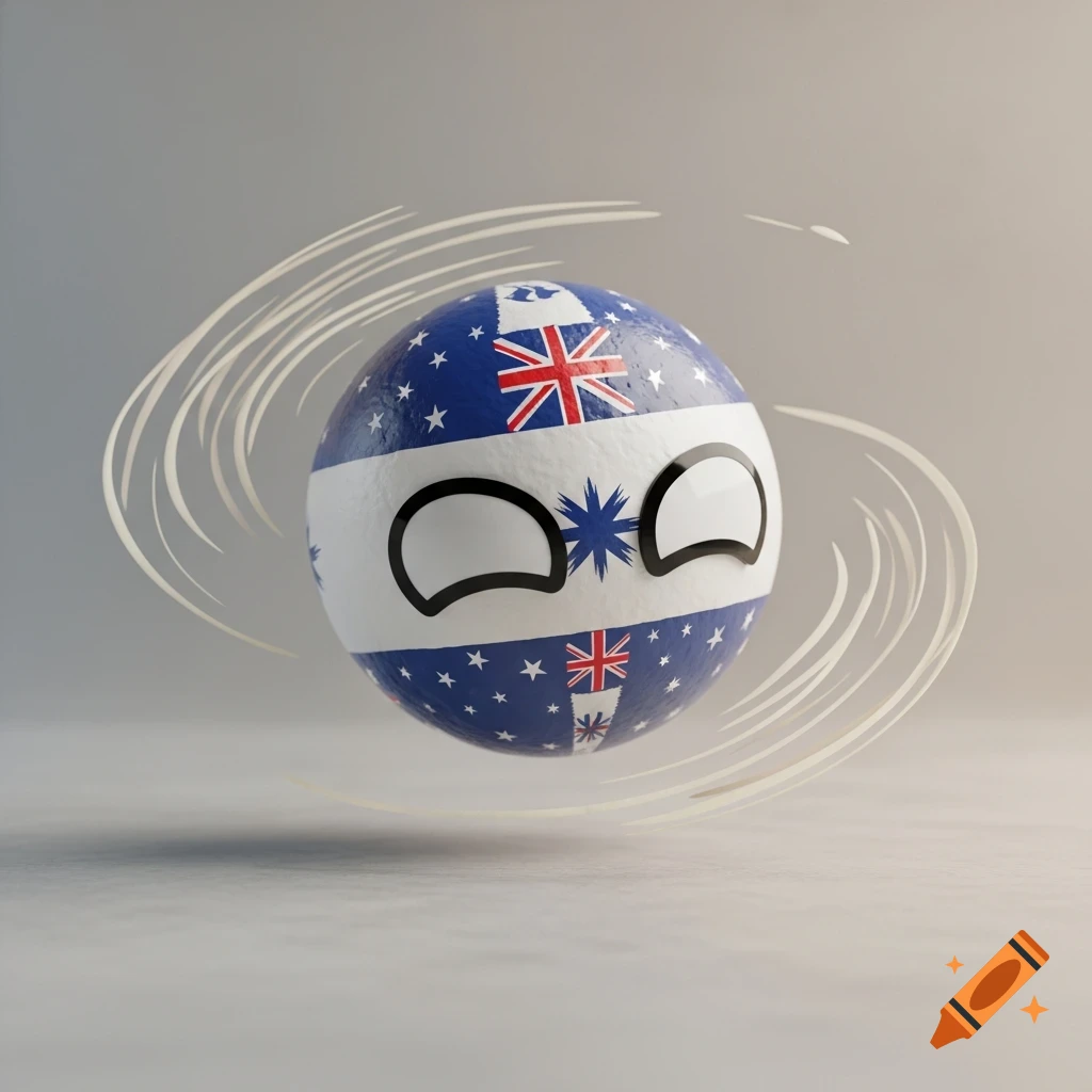 A 3D rendered Australia countryball character with white eyes and swirling lines, on a plain background.