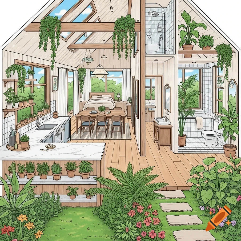 Illustrated cutaway view of a plant-filled house with kitchen, dining, bedroom, bathrooms, and an outdoor garden.