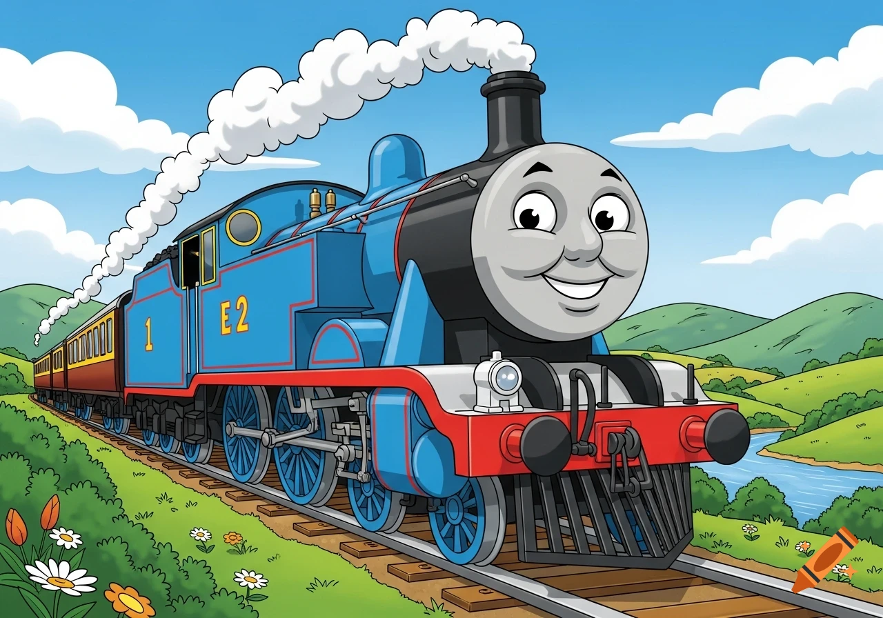A happy blue cartoon tank engine, labeled '1' and 'E2', chugging along tracks through a green countryside with hills and a river under a blue sky.