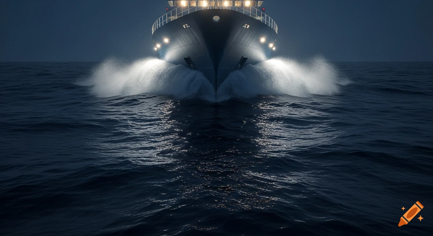 Front view of a ship with lights cutting through dark ocean waves at night, creating dramatic splashes.
