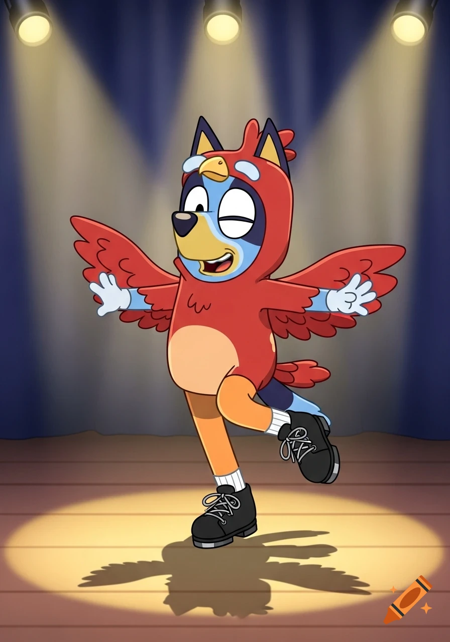 Bluey Heeler in a red bird costume, orange leggings, and black tap shoes, tap dancing under spotlights on a stage.