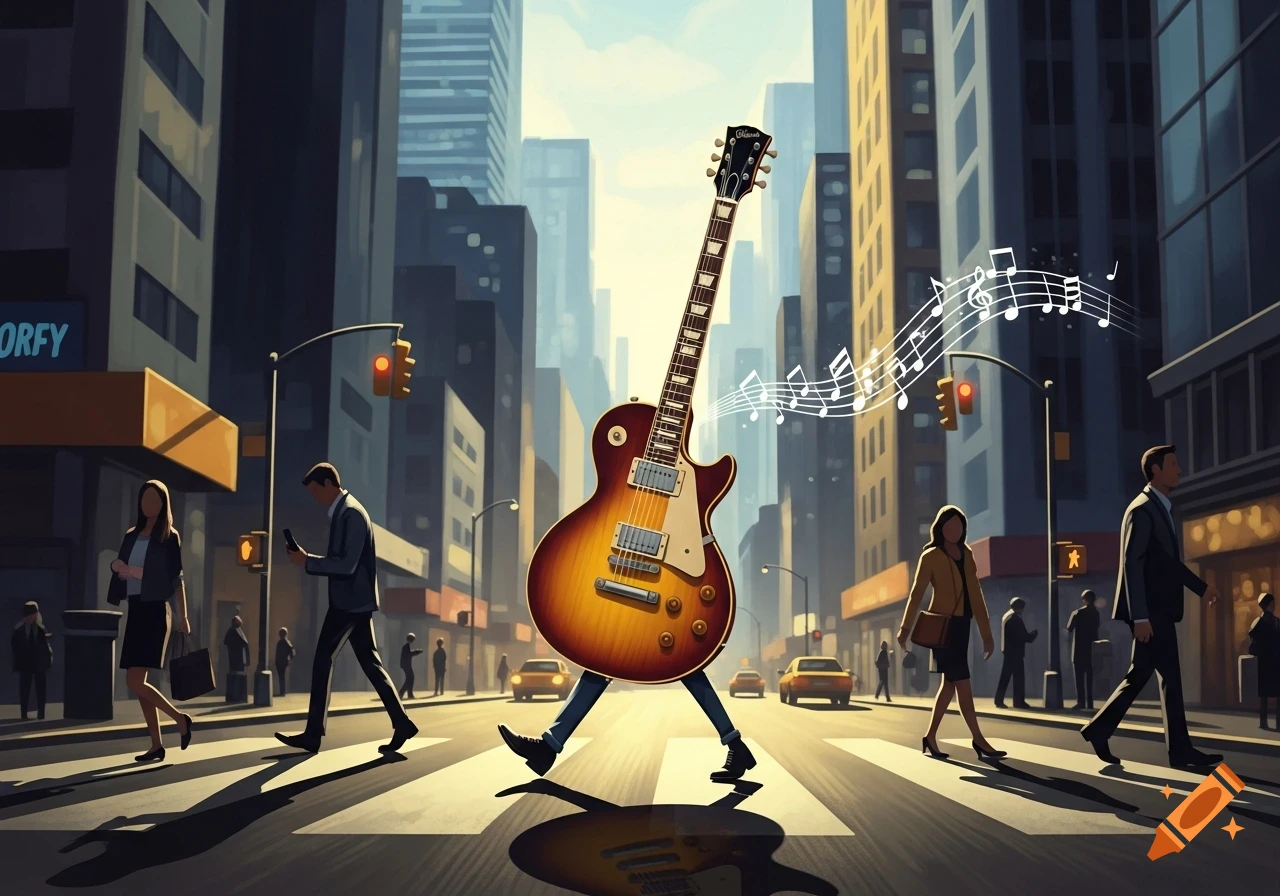 An anthropomorphic guitar with legs and shoes walks across a city street crosswalk, emitting musical notes, with buildings and people in the background.