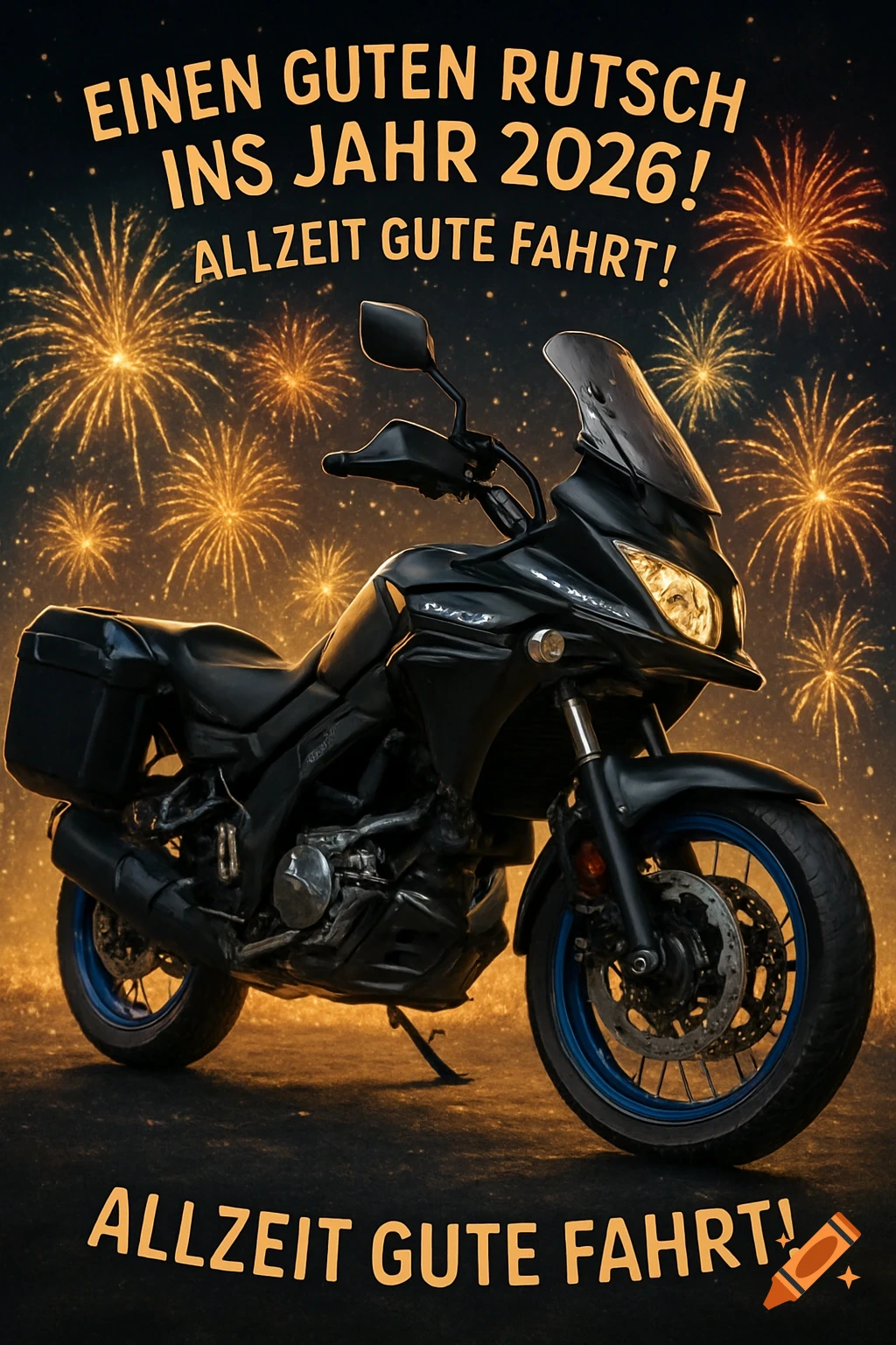A black motorcycle with blue wheel rims and saddlebags on a dark road, with golden fireworks exploding in the night sky and German New Year's greetings text.