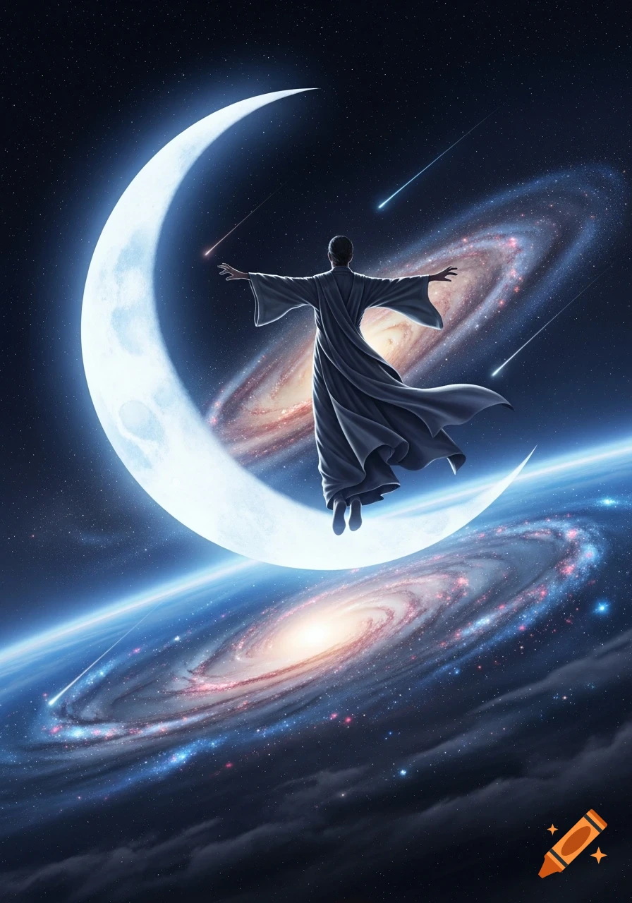 A robed figure floats gracefully in deep space, back to the viewer, with a large crescent moon to their left and swirling galaxies below.
