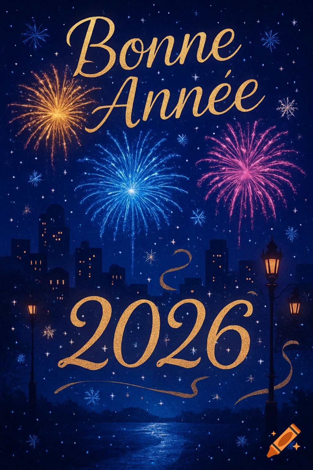 Dark blue New Year's card with golden 'Bonne Année 2026' text, colorful fireworks over a city skyline and street lamps.